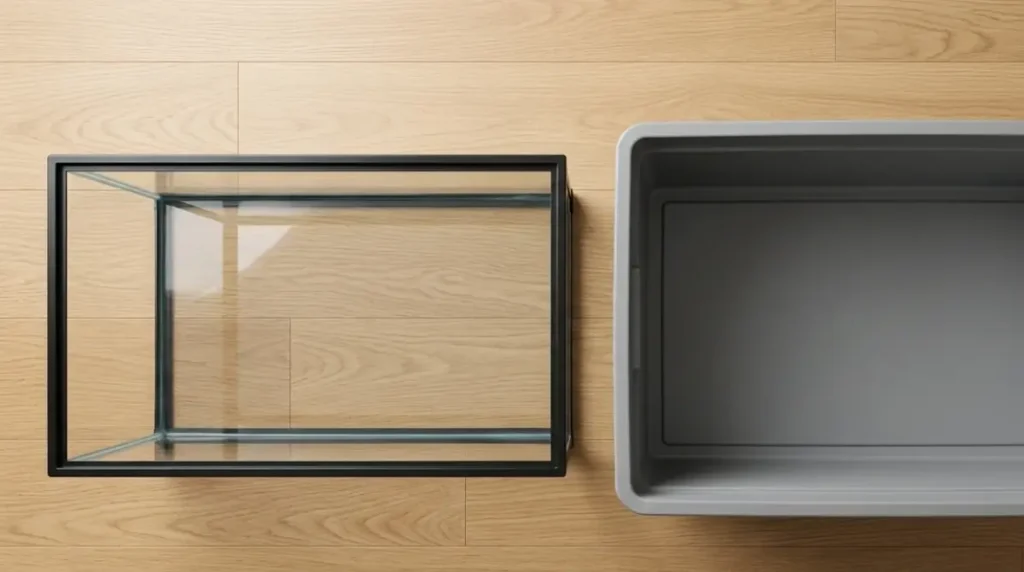 Overhead comparison of a 40 gallon breeder aquarium floor and a larger 100 x 50 cm hamster enclosure, showing that the breeder tank has less floor space.