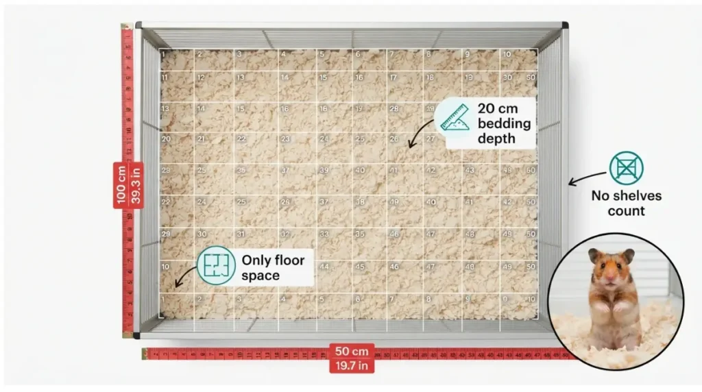 Diagram explaining 775 square inches of unbroken floor space for cheap large hamster cages with measuring tape overlay