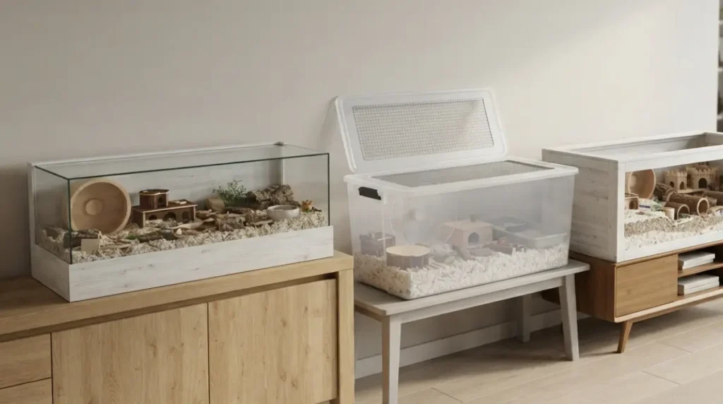 Hamster Cage options including glass, clear bin, and furniture-style enclosures in an apartment