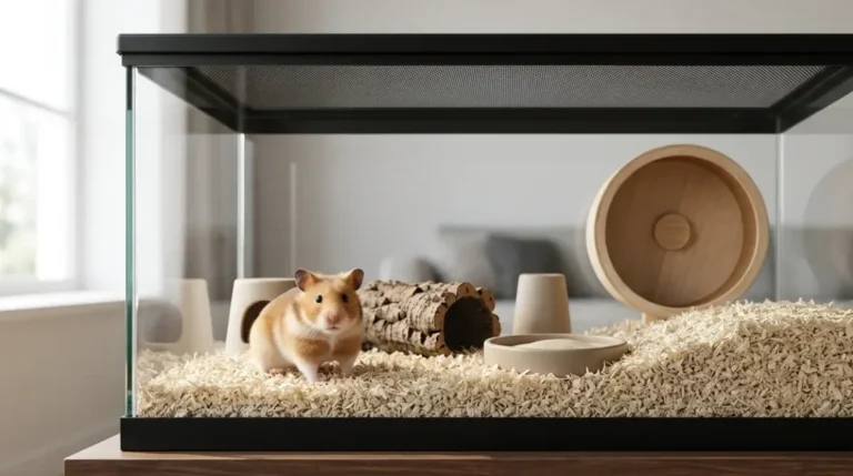 A golden Syrian hamster inside a 40 gallon breeder glass tank with deep bedding, a 12 inch wheel, and a mesh lid, showing whether the breeder tank floor space is large enough.