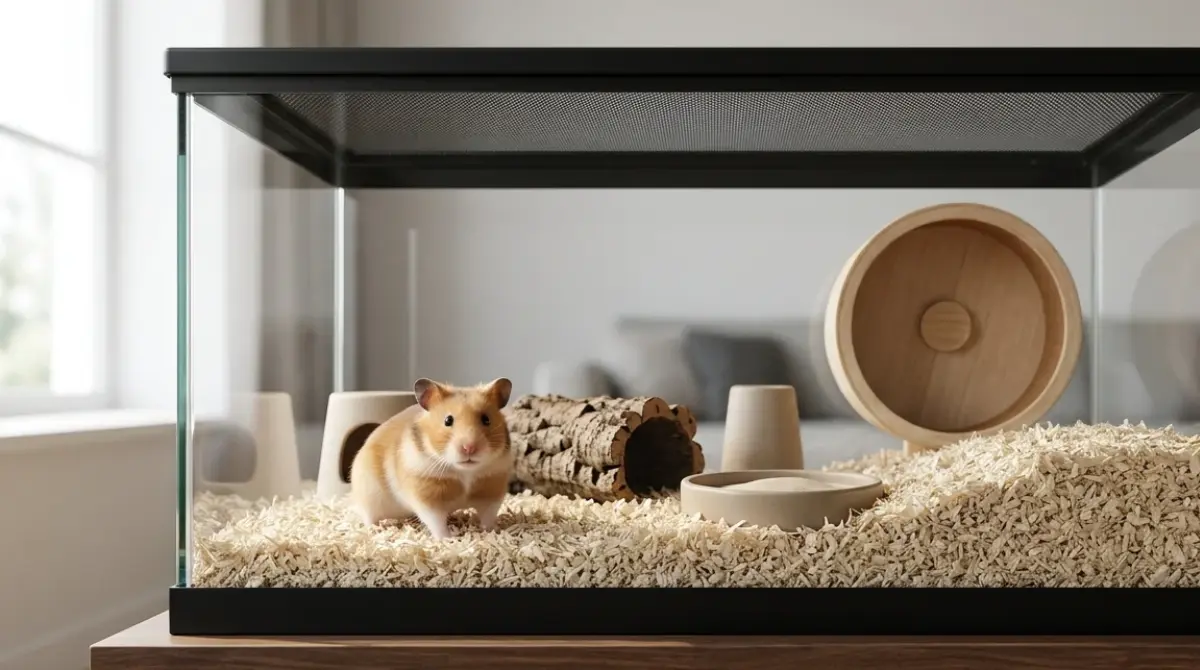 A golden Syrian hamster inside a 40 gallon breeder glass tank with deep bedding, a 12 inch wheel, and a mesh lid, showing whether the breeder tank floor space is large enough.
