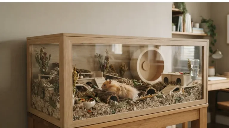 Hamster Cage on a sturdy stand in a quiet room away from sunlight and electronics