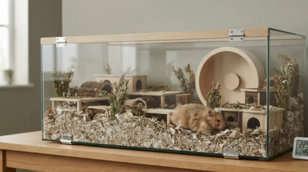 Hamster Cage on a stable surface away from a window, radiator, and air vent