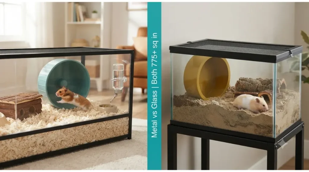 Side by side comparison of BUCATSTATE Metal 2.0 and 75 gallon tank as top cheap large hamster cages with 775+ sq in floor