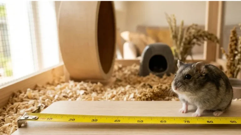 Campbell's Dwarf hamster beside a tape measure on a large 100 x 50 cm enclosure floor