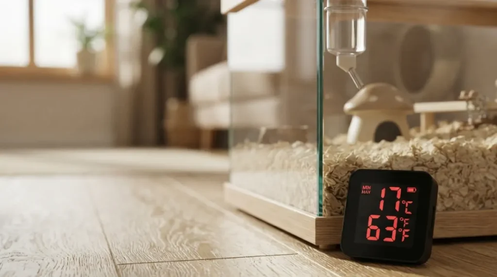 Min/max thermometer placed at bedding level to accurately measure hamster room temperature beside the cage