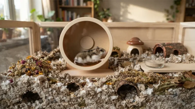 Dwarf hamster running on a wheel in a spacious 100x50 cm enclosure showing proper Dwarf Hamster Cage Size