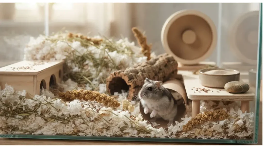 Hamster Bedding in a deep natural enclosure with a Winter White dwarf hamster near a burrow entrance