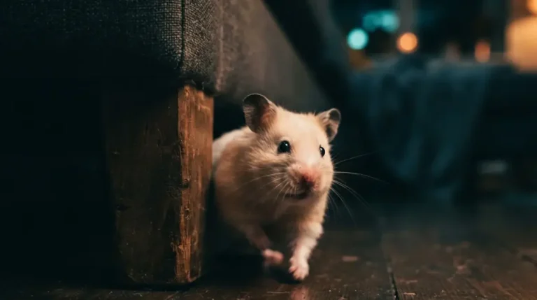 Escaped Syrian hamster hiding behind sofa leg at night during urgent home rescue