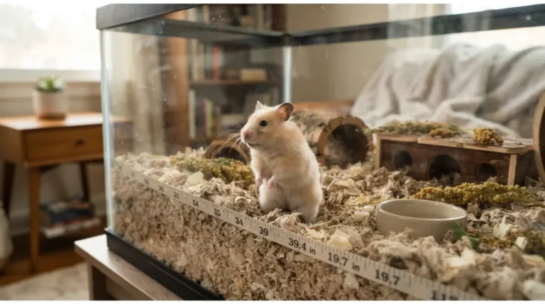 Syrian hamster in a spacious 775 square inch cage with measuring tape – one of the best large hamster cages