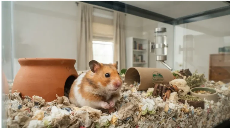 Healthy Syrian hamster in glass tank setup to prevent getting too hot in summer