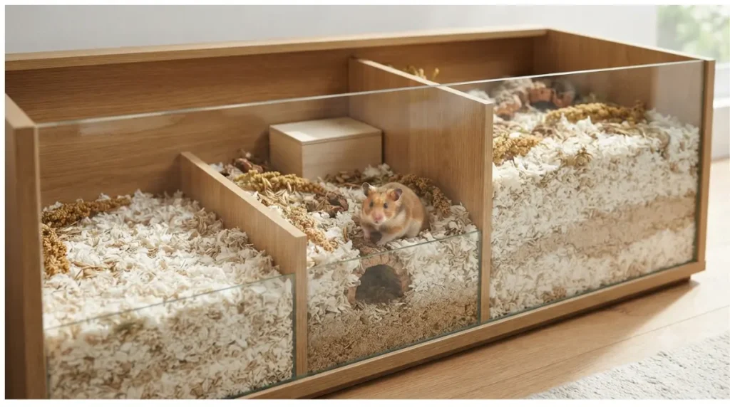 Hamster Bedding depth comparison showing shallow and deep burrow-capable substrate zones in an enclosure