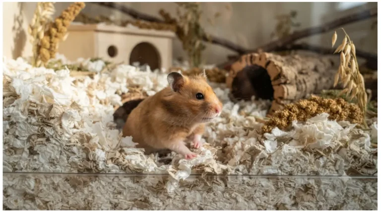 Hamster Bedding in a deep paper substrate enclosure with a Syrian hamster emerging from its burrow