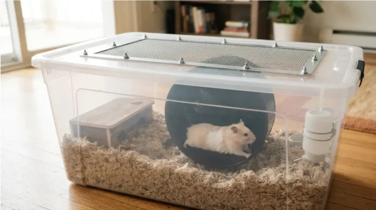 Large clear hamster Bin Cage with deep bedding, big wheel, and mesh lid meeting 775 square inch minimum