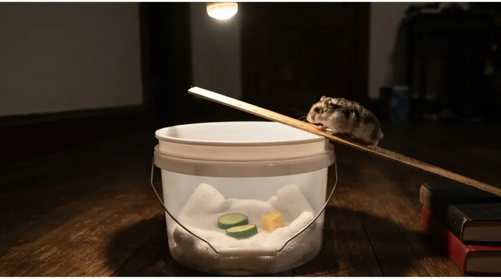 Escaped hamster being caught overnight using DIY bucket trap with cucumber bait