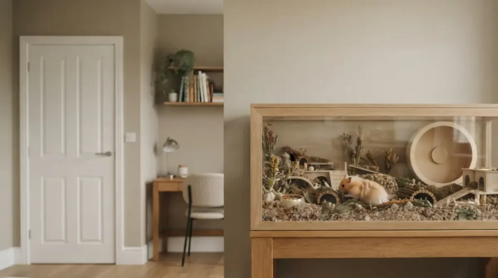 Hamster Cage in a quiet bedroom away from a window, television, and computer