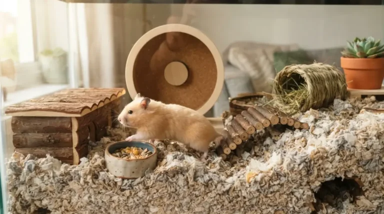 Large Hamster Cage with deep bedding and Syrian hamster exploring clean setup