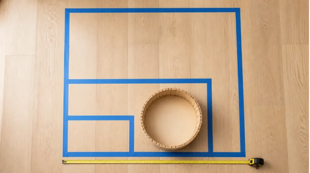 Three taped rectangles on a wooden floor showing hamster cage floor areas of 279, 775 and 1,550 square inches
