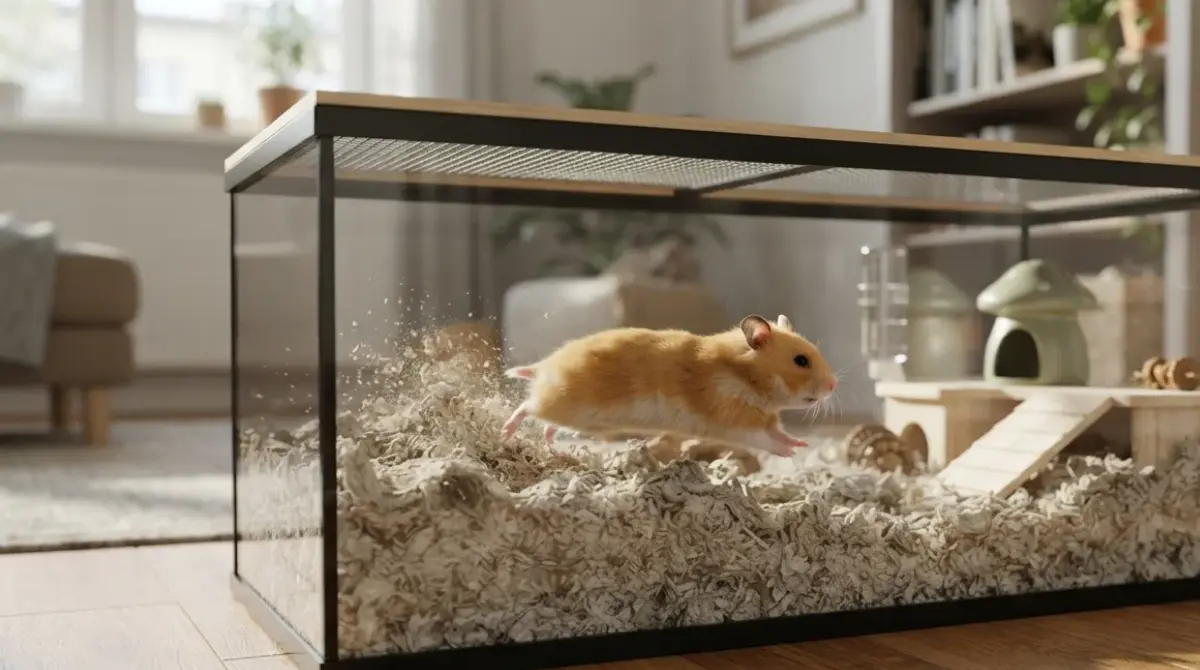 Syrian hamster running across a deep continuous base floor showing correct hamster cage floor space