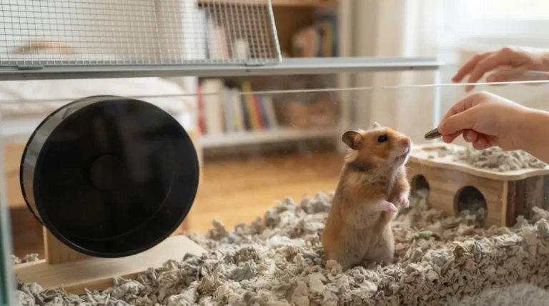 Realistic Hamster Cage for Kids showing a proper 100x50 cm enclosure with deep bedding, wheel, and supervised child interaction