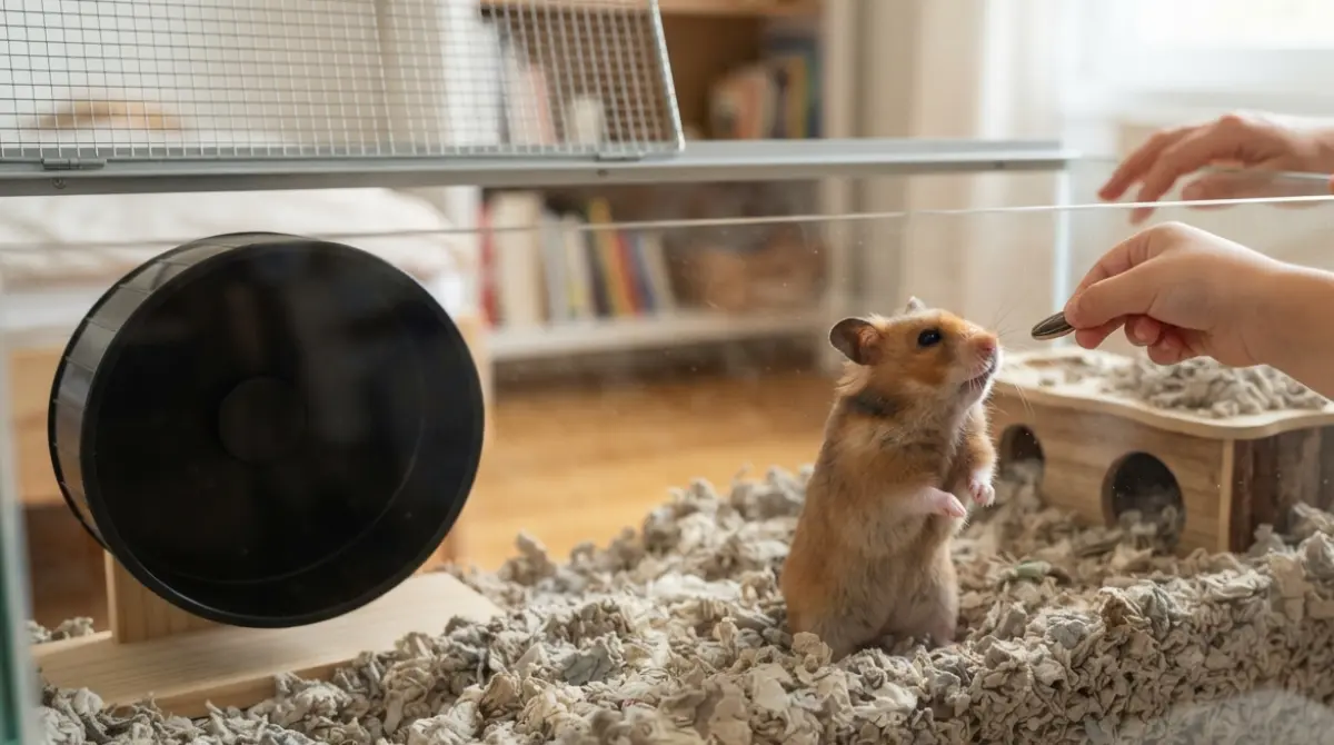 Realistic Hamster Cage for Kids showing a proper 100x50 cm enclosure with deep bedding, wheel, and supervised child interaction