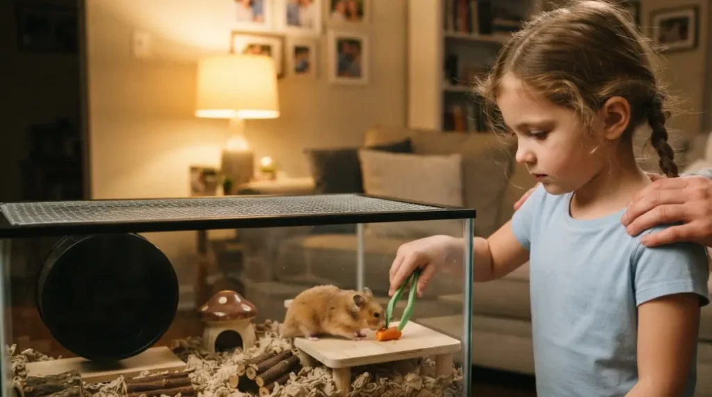 Young child safely feeding hamster treat inside Hamster Cage for Kids with adult supervision