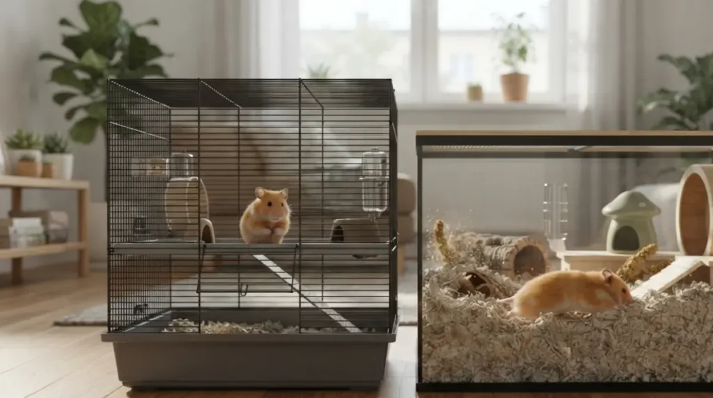 Comparison of tall cage with shallow tray and deep base cage showing proper floor space for hamsters