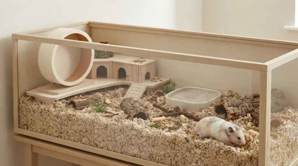 Hamster Cage with one continuous bedding-covered floor for a Syrian hamster
