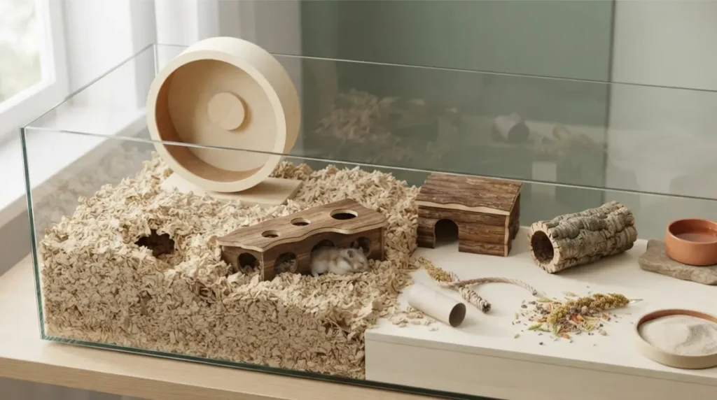 Top view of a spacious hamster Cage with continuous floor space, deep bedding, hides and a large solid wheel