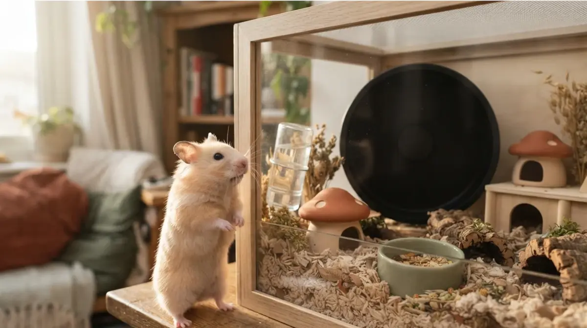 Syrian hamster standing beside spacious upgraded Cage with deep bedding, wheel, and hides — realistic setup for stress-free move
