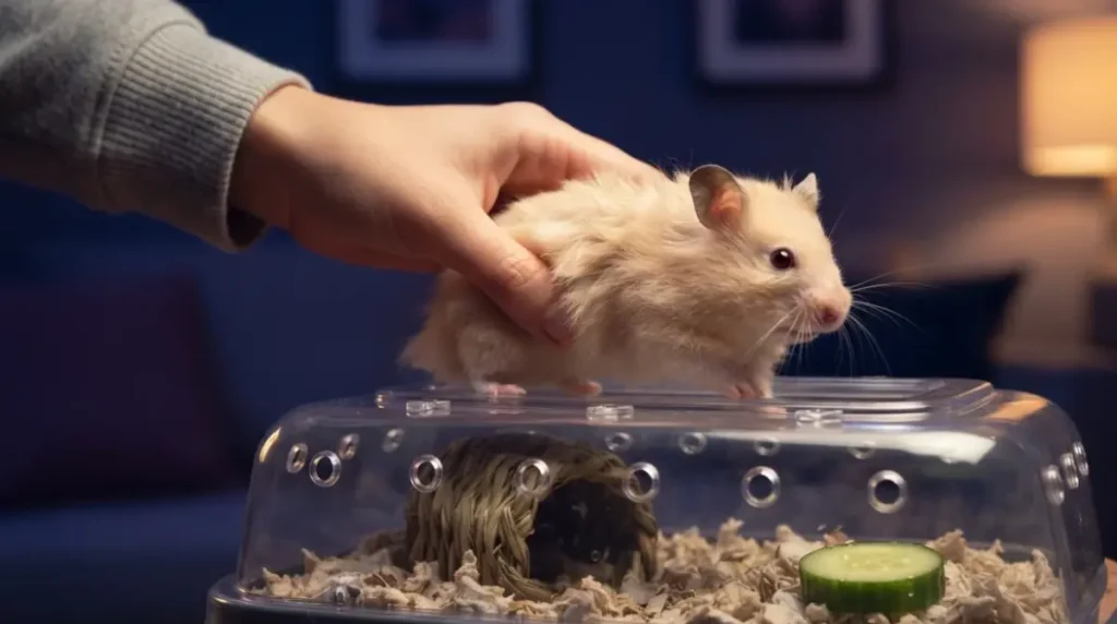 Gentle evening transfer of awake hamster into travel carrier beside new Cage — realistic low-stress moving technique