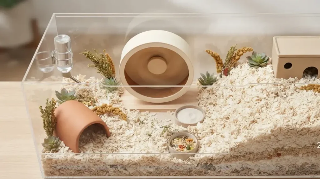 Fully assembled 100x50cm hamster Cage with 25cm measured bedding depth, wheel, hides, and food station — realistic pre-move setup