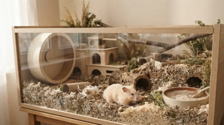 Hamster Setup with deep bedding, a large running wheel, hides, sand bath, and enrichment