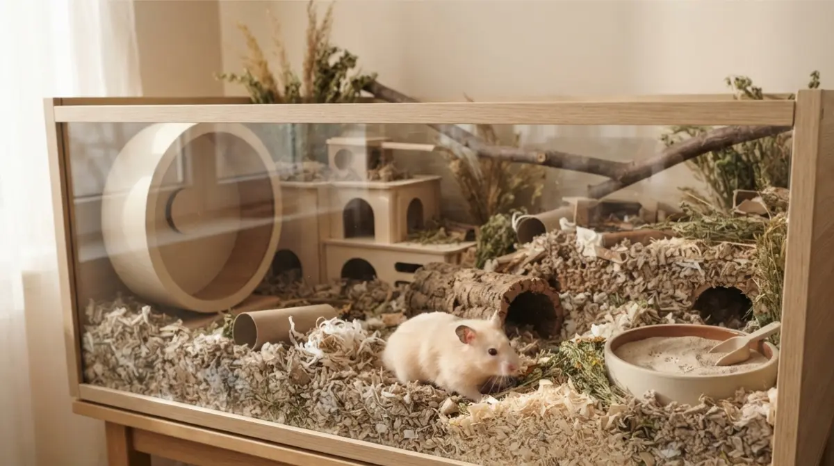Hamster Setup with deep bedding, a large running wheel, hides, sand bath, and enrichment