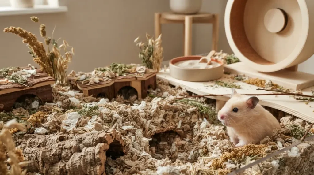 Hamster Setup with deep paper bedding, a correctly sized solid running wheel, hides, and a hamster emerging from a burrow