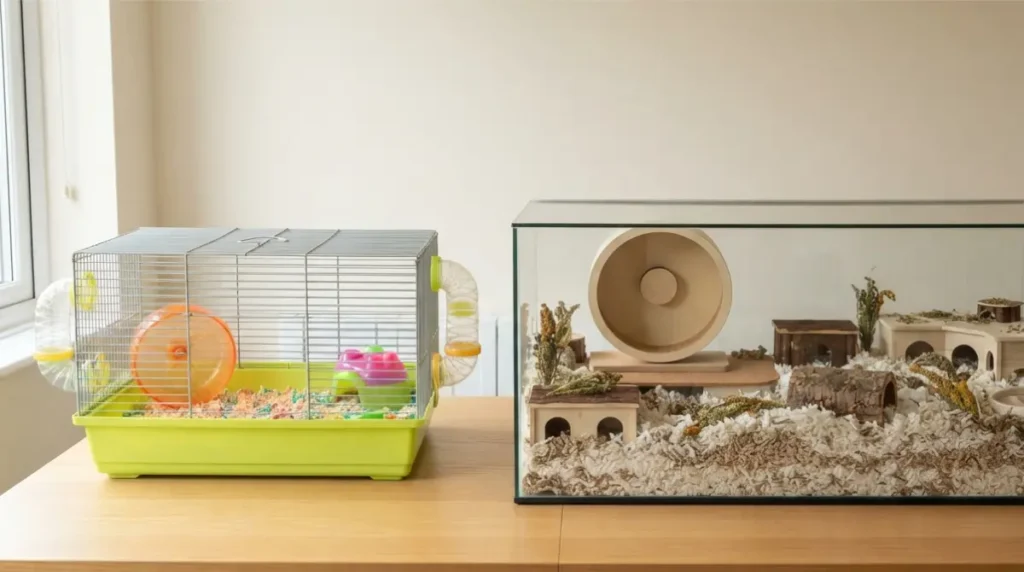 Hamster Setup comparison showing a cramped starter cage beside a spacious enclosure with continuous floor space