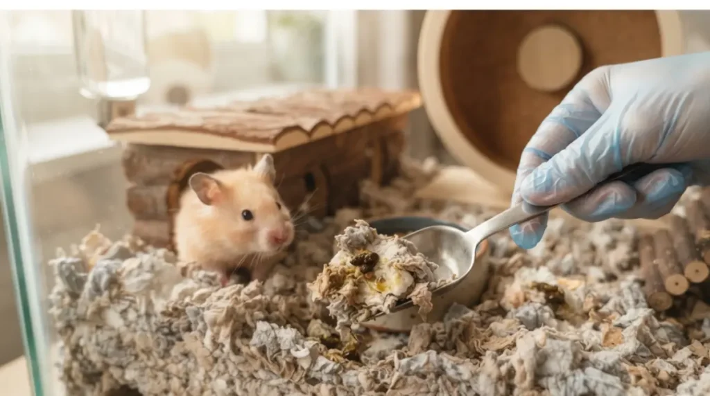 Hand removing soiled bedding from Hamster Cage toilet corner during spot clean