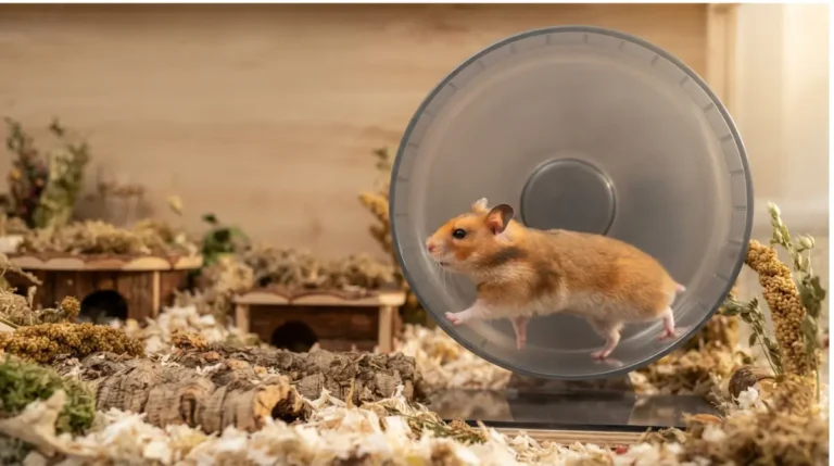 Hamster Wheel Size guide showing a Syrian hamster and dwarf hamster beside correctly sized upright wheels