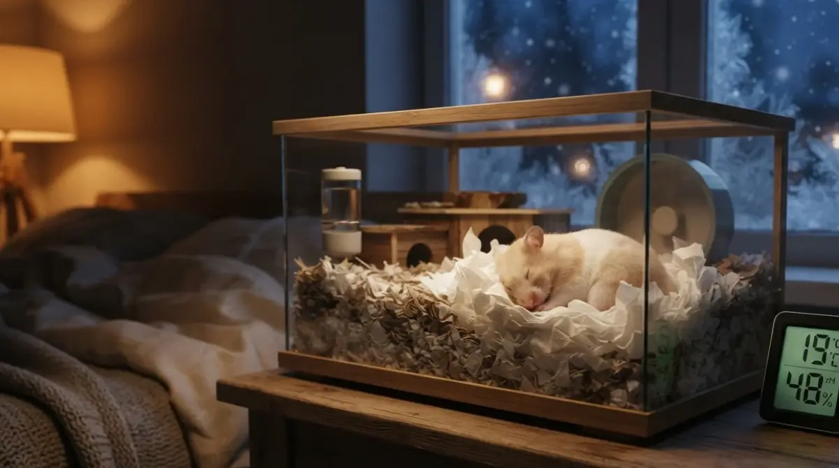 Syrian hamster sleeping in warm cage at night with digital thermometer showing hamster room temperature during winter