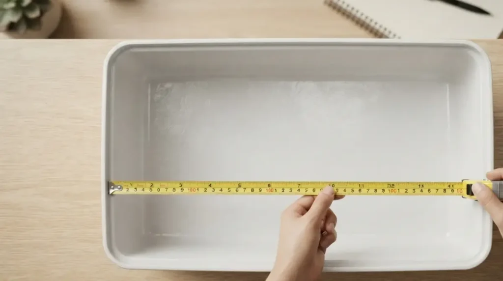 Hands measuring inside length of hamster cage base to calculate floor space