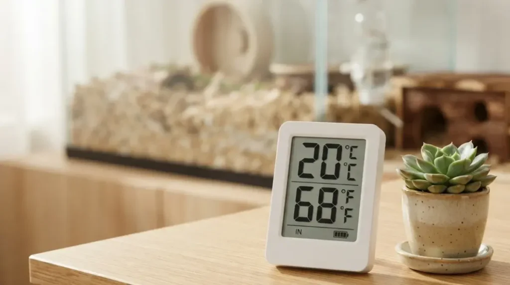 Digital thermometer displaying 20°C as the ideal hamster room temperature next to a modern hamster cage