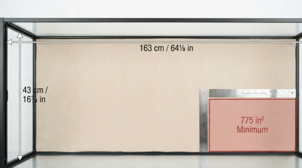 IKEA Detolf floor space measurement showing 1086 square inches versus 775 square inch minimum requirement