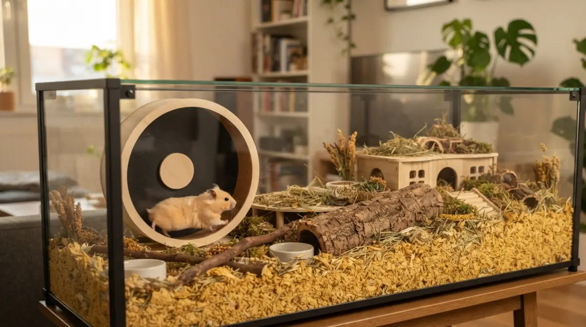 IKEA Detolf glass cabinet converted into hamster cage with deep bedding and wheel