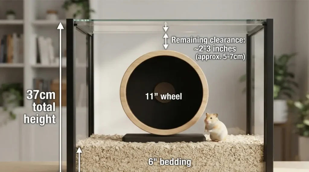 IKEA Detolf interior height measurement showing wheel and bedding depth clearance for hamster cage setup
