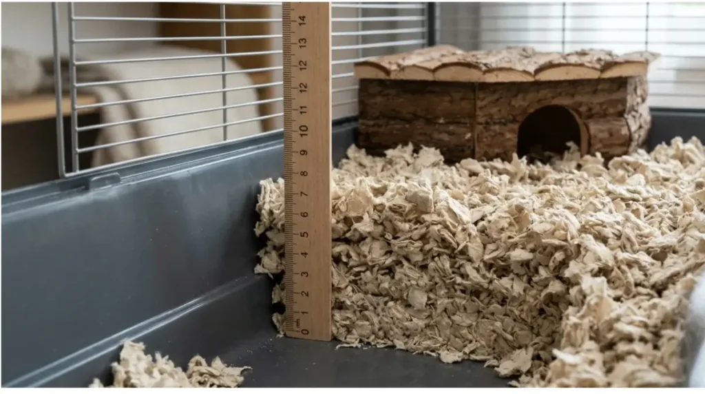 Large hamster cages showing usable interior floor space, a solid base and deep paper bedding beside a ruler. Copy alt text