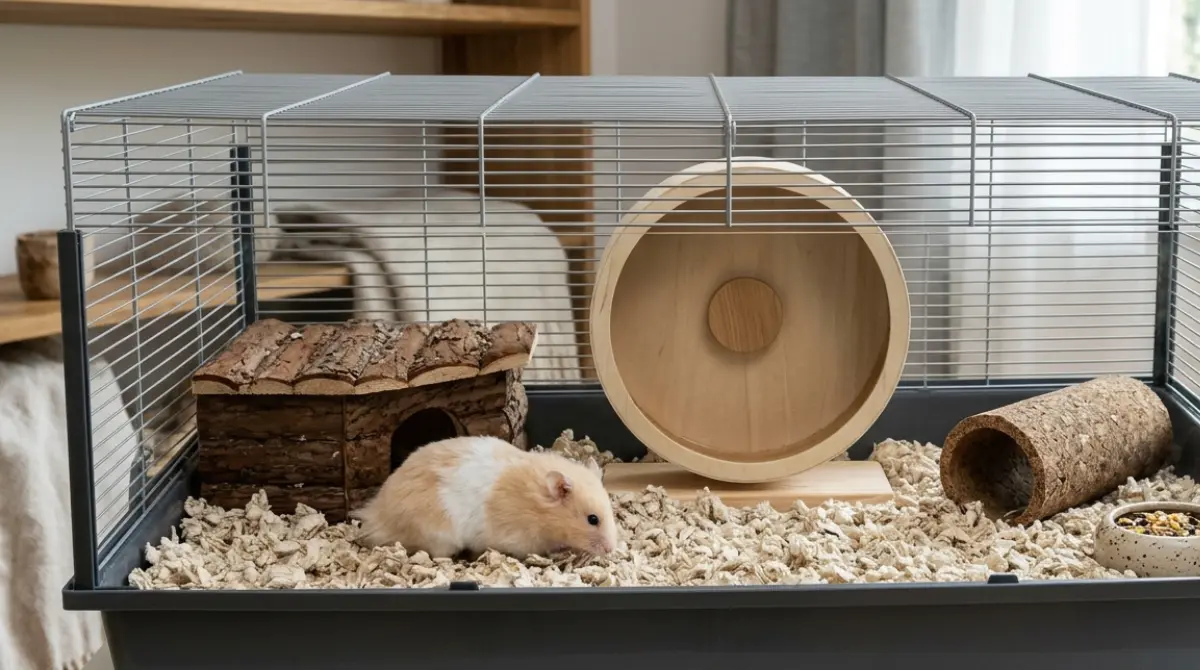 Large hamster cages with spacious floor space, deep bedding, wooden hideout and a Syrian hamster. Copy alt text