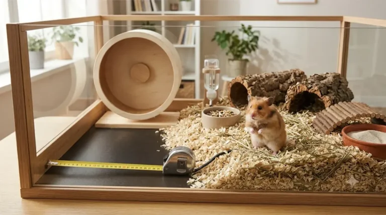 Measure hamster cage floor space by placing a tape measure across the inside base of a large hamster enclosure.