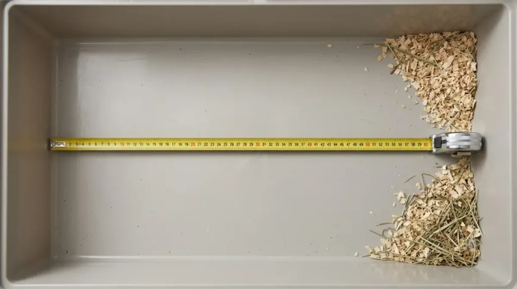 Measure the inside of a hamster cage base wall to wall using a rigid tape measure on the empty floor.