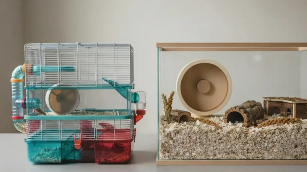 Pet Store Hamster Cages showing a compact tube cage beside a larger enclosure with more floor space