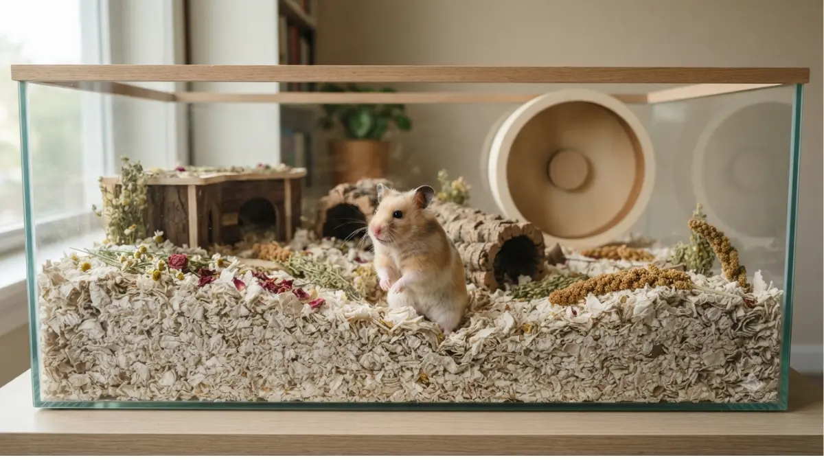 Pet Store Hamster Cages compared with a spacious Syrian hamster enclosure and deep bedding